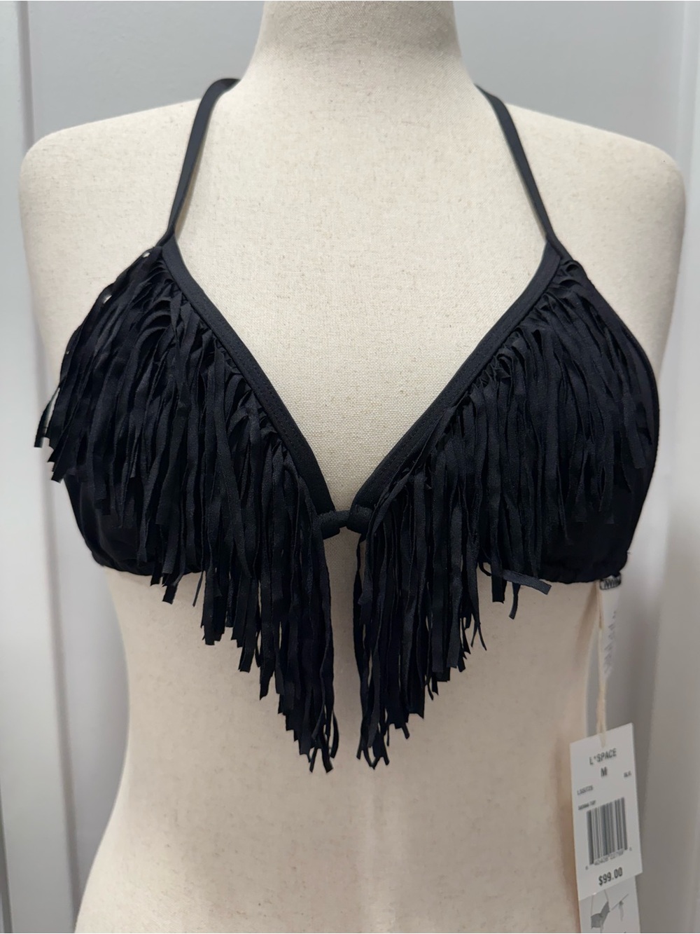 NWT L*Space Sienna Black Fringe Bikini Top M Festival Boho $99